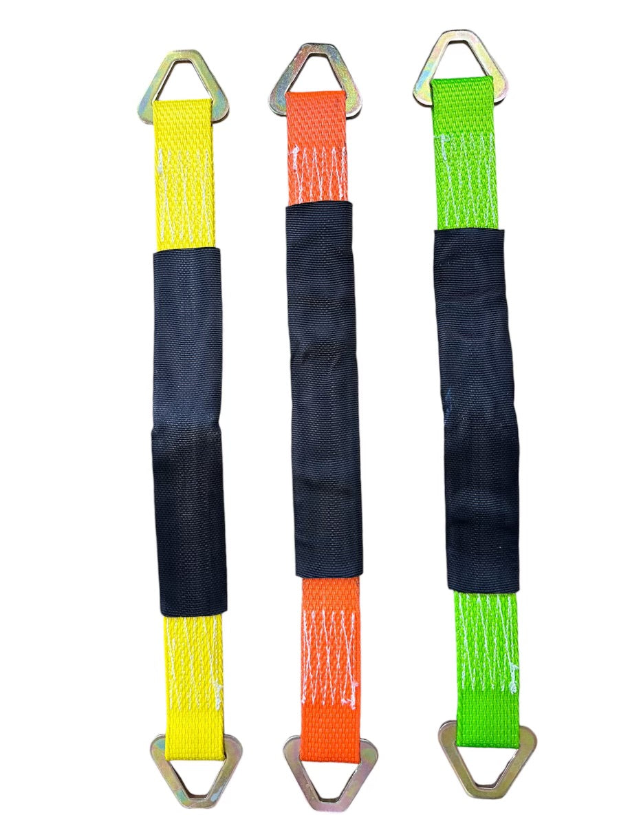 Hooks and Straps 2"wide 24" long axle strap. yellow. orange. green. open view