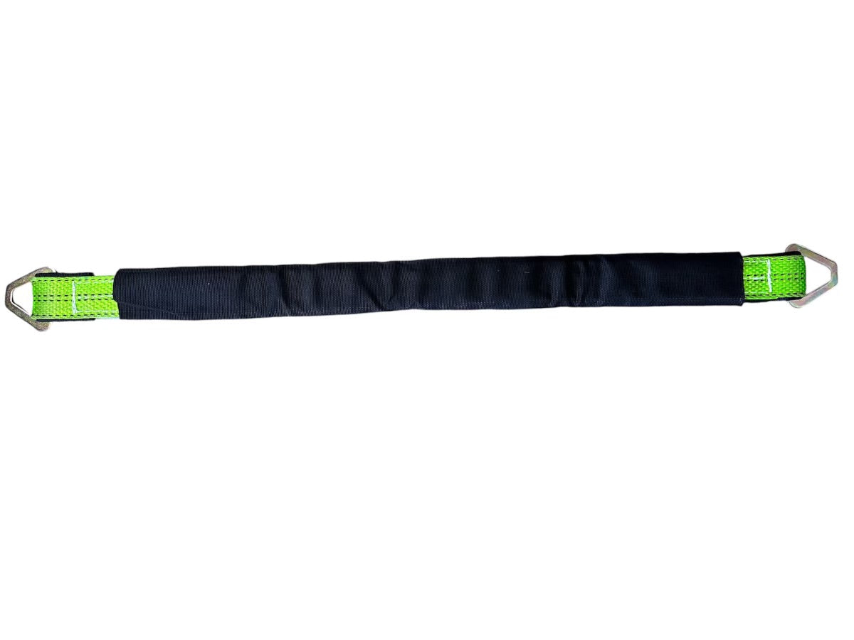 Hooks and Straps.2"x36"Triple Ply Magnetic Axle strap built from heavy duty polyester webbing. wraps around axles or other secure anchor points, providing maximum stability while protecting your cargo. Built-In magnets allow for easy placement and secure attachment, keeping the strap in place during setup for a hassle free experience. green. open position view.