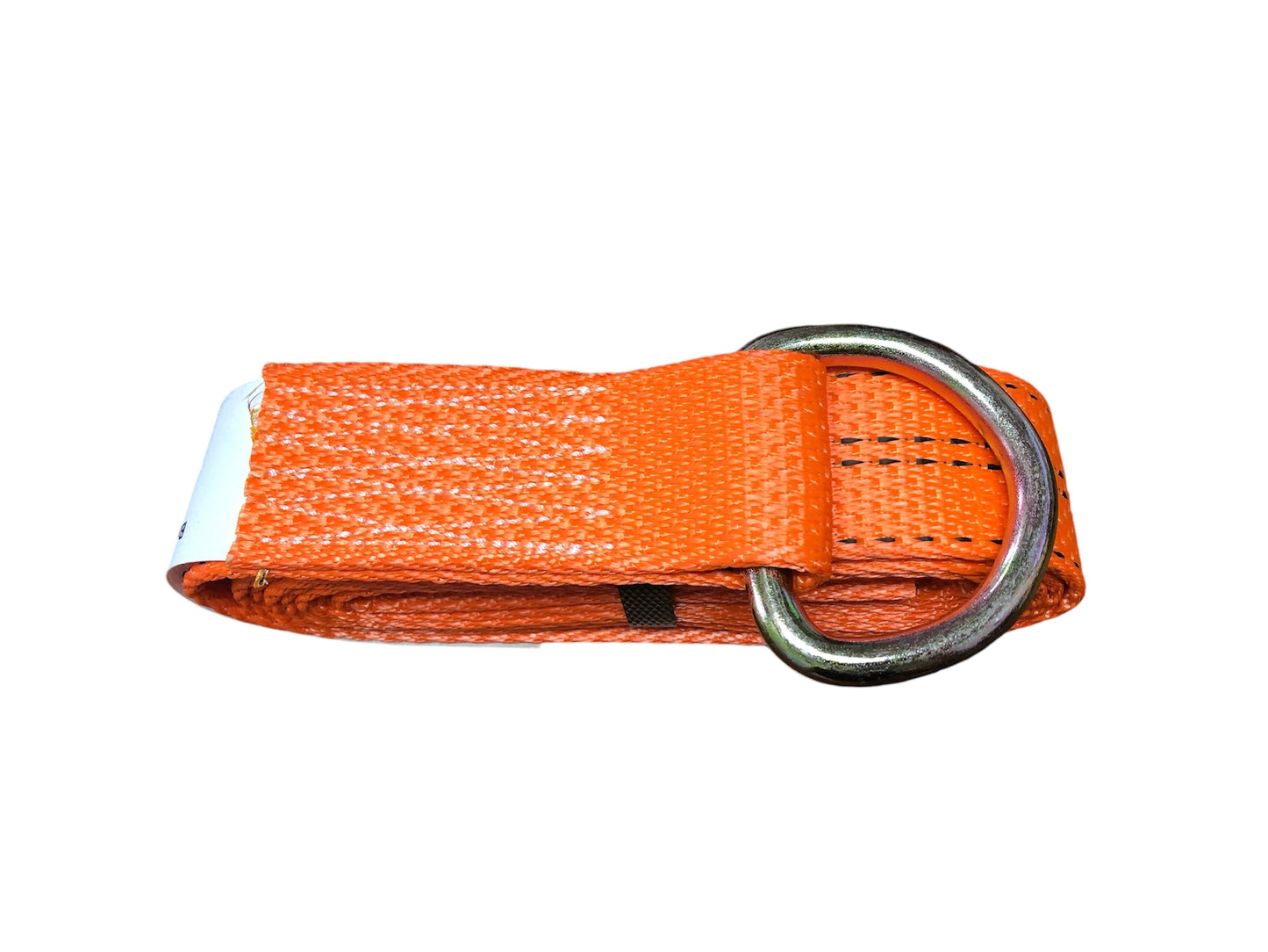 orange. 2"x10' D-Ring Lasso Strap. Top view. working load limit 2000lbs. Heavy duty construction. For light duty towing and transporting. Lasso loop ensures adjustable snug fit around tires or irregular shaped cargo. orange. Left View