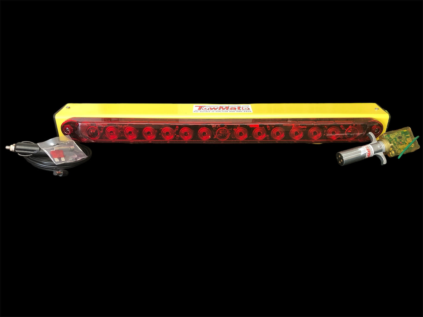 Yellow Tow-Mate Light bar. Front View. High visibility brake, tail and turn signals without wires. Magnetic. Wireless. weather resistance. Strong housing. For RVs ,trailers, boats, campers. Long Range wireless.