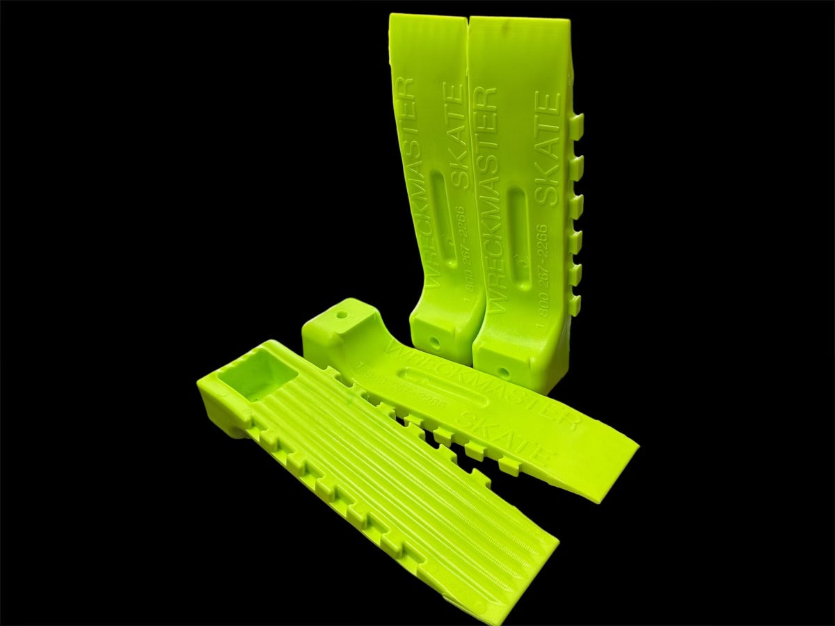 Interlocking plastic skates cause vehicles to glide towards the pull. Available in black or neon green.
Interlocking plastic skates cause vehicles to glide towards the pull, with or without whells, whether loading or unloading a carrier or removing a car from a tight parking space. Available in original black or new neon green. For those late night recoveries, neon green has a much higher visibility. Skates sold in a set of four. neon green