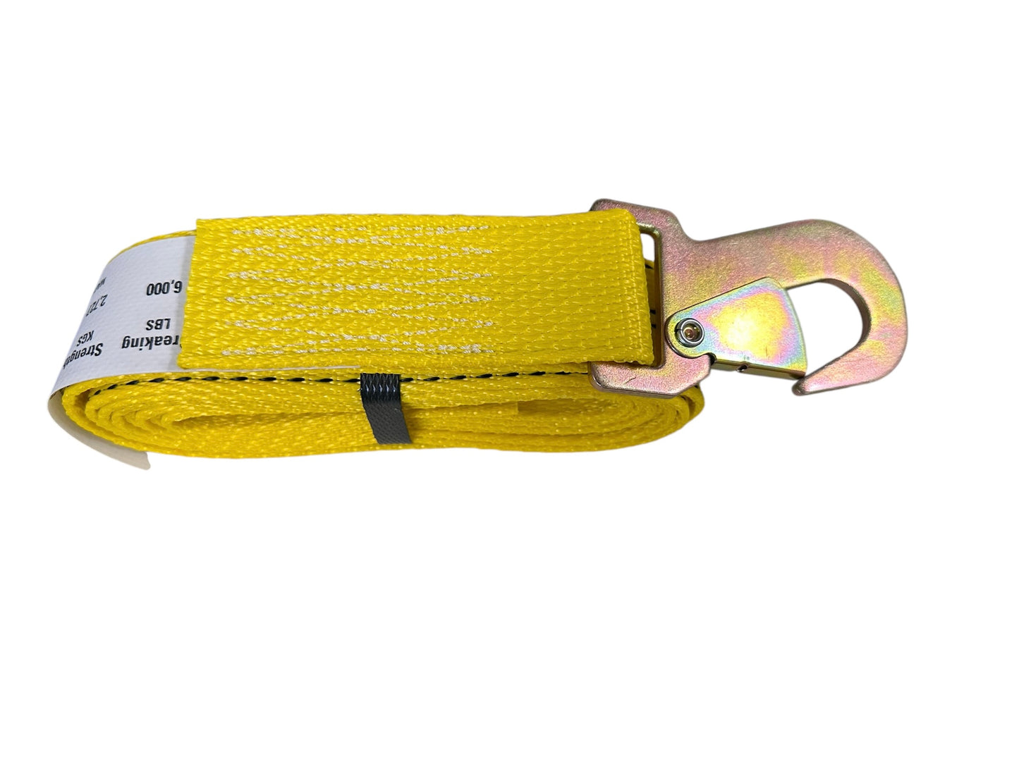 hooks and strap yellow 2"wide 10' long snap hook strap. top view. 2"x10' Snap Hook Strap. Designed for light-duty towing and transportation, this strap is made of high quality , abrasion-resistant polyester webbing that provides a strong, reliable hold. strong snap hook for quick and secure connection to anchor points, minimizing the risk of slippage during transport.