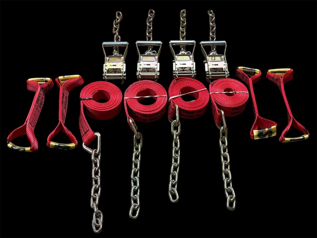 These Tie-Down Systems are simple to install, yet provides a secure, damage free tie-down. Systems don't touch a vehicle's suspension, chassis or body, thereby preventing any damage that might occur when using chains. Kits are completely adjustable to fit any car or truck tire size. It is also available in any strap length and hook combination. Red
Side View.Available Lengths: 14' and 18'