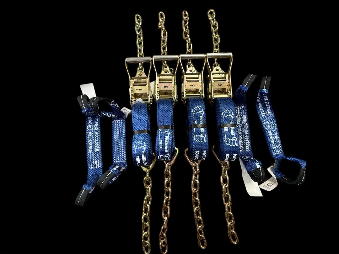 These Tie-Down Systems are simple to install, yet provides a secure, damage free tie-down. Systems don't touch a vehicle's suspension, chassis or body, thereby preventing any damage that might occur when using chains. Kits are completely adjustable to fit any car or truck tire size. It is also available in any strap length and hook combination. Blue
Side View. Available Lengths: 14' and 18'