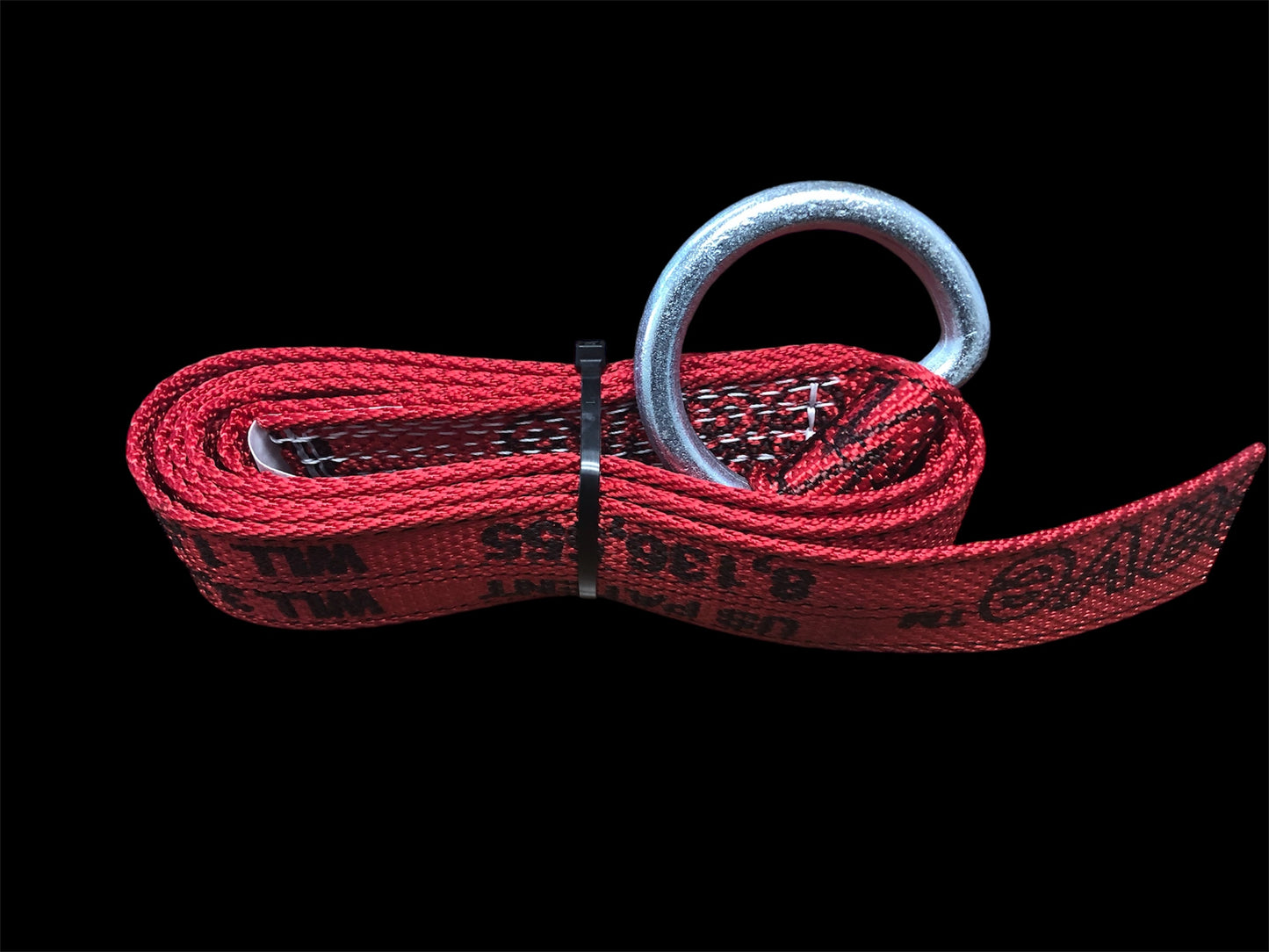 ecure your load with confidence using our 2” x 8’ D-Ring Lasso Straps. Designed for versatility and durability, these straps are perfect for securing vehicles, equipment, and other cargo during transportation. red. Top side view