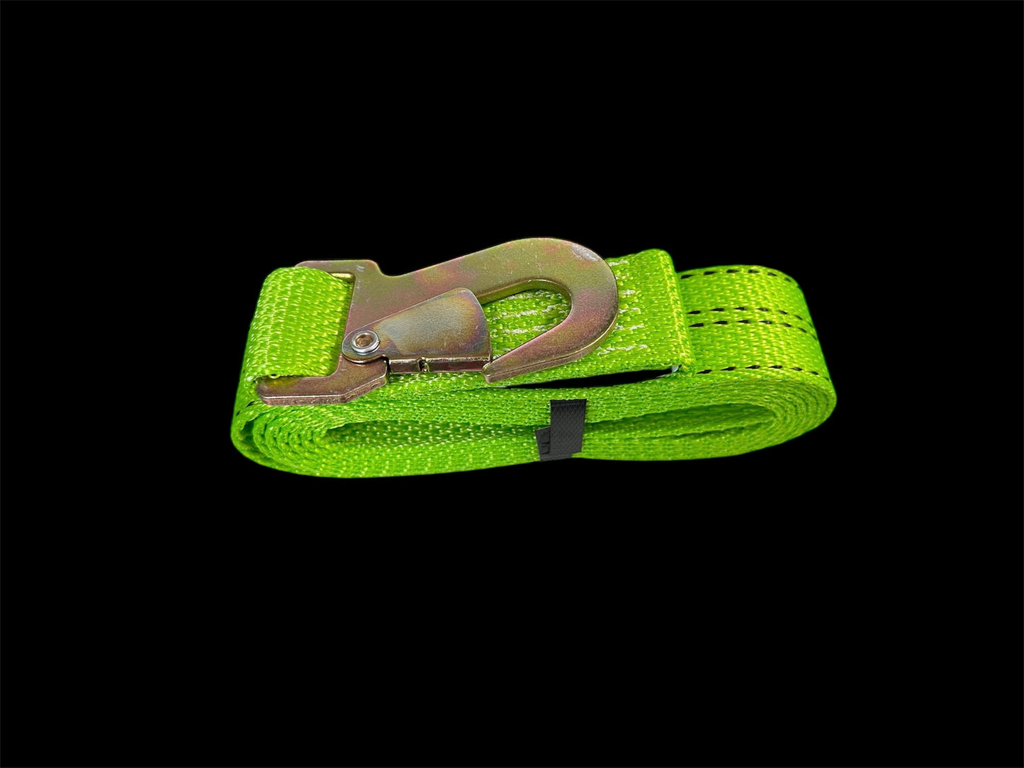 hooks and straps. green. side view. 2" wide 10' long snap hook strap. 2"x10' Snap Hook Strap. Designed for light-duty towing and transportation, this strap is made of high quality , abrasion-resistant polyester webbing that provides a strong, reliable hold. strong snap hook for quick and secure connection to anchor points, minimizing the risk of slippage during transport.