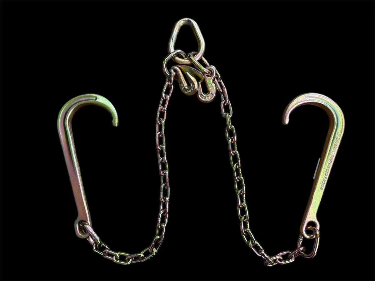 This 24-inch V Chain Bridle with 15-inch J Hooks is designed for heavy-duty towing and recovery tasks. Constructed from durable Grade 70 chain, it ensures maximum strength and reliability for securing and hauling vehicles or equipment. The 15-inch J Hooks offer a secure fit for a variety of anchor points, making this bridle ideal for professional towing, transport, and recovery operations.
