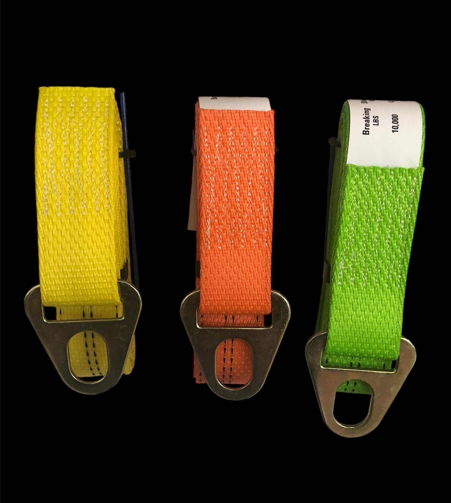Diamond weave Chevron style Tie Down Strap is 2" wide and 10' long working load limit of 3,335lbs. orange,green,yellow front side view