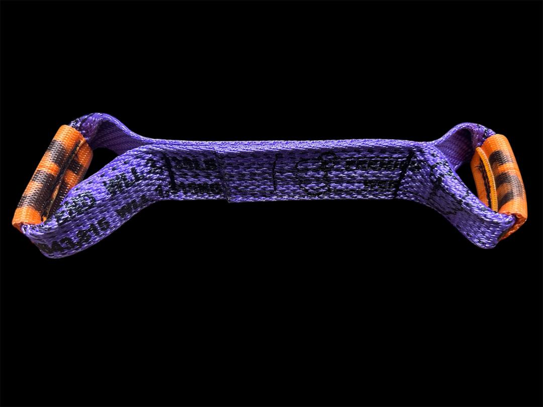 "Dog Bone" straps are featured in many tiedown systems. These straps feature reinforced eyes and abrasion resistant edged webbing.
Reinforced Eyes
Abrasion-Resistant Webbing. Purple. Side view