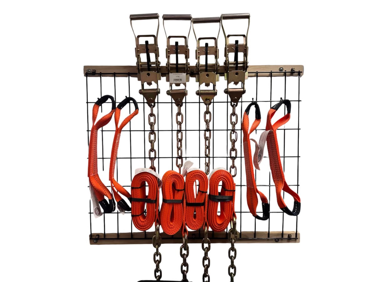 These Tie-Down Systems are simple to install, yet provides a secure, damage free tie-down. Systems don't touch a vehicle's suspension, chassis or body, thereby preventing any damage that might occur when using chains. Kits are completely adjustable to fit any car or truck tire size. It is also available in any strap length and hook combination. orange. top view. Available Lengths: 14' and 18'