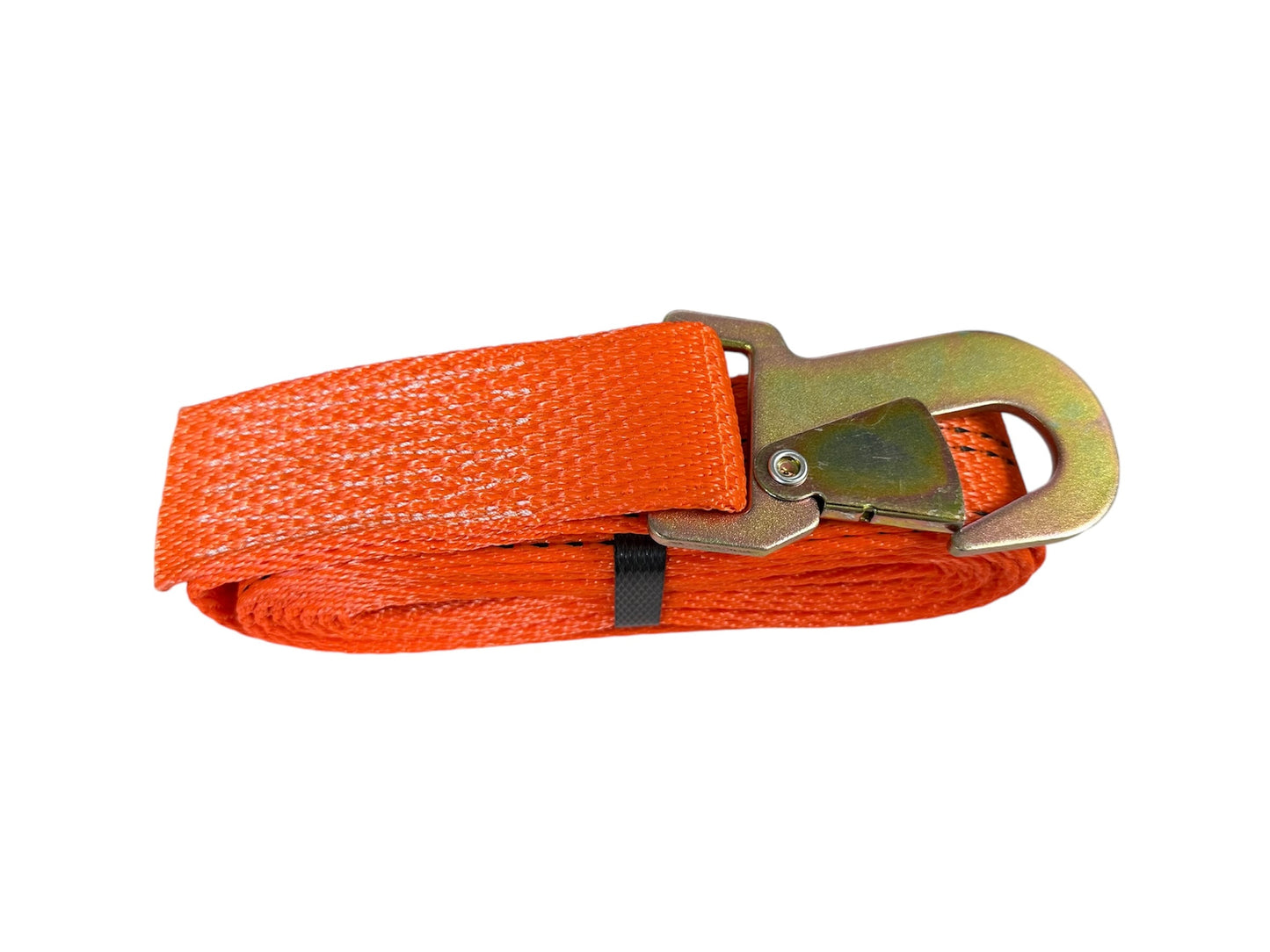 hooks and straps orange 2" wide 10' long snap hook strap. top view.2"x10' Snap Hook Strap. Designed for light-duty towing and transportation, this strap is made of high quality , abrasion-resistant polyester webbing that provides a strong, reliable hold. strong snap hook for quick and secure connection to anchor points, minimizing the risk of slippage during transport.