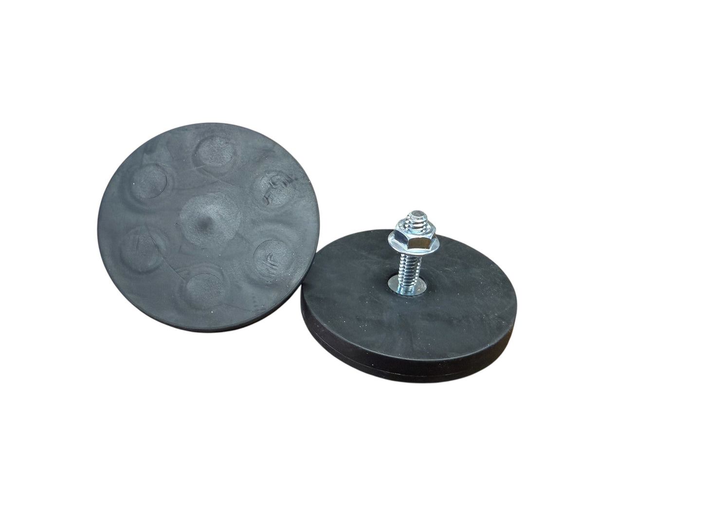 A 100-lb pull magnet made to secure your wireless tow light. This magnet is encapsulated in a protective rubber layer to prevent scratching the vehicles finish. Top and Bottom View