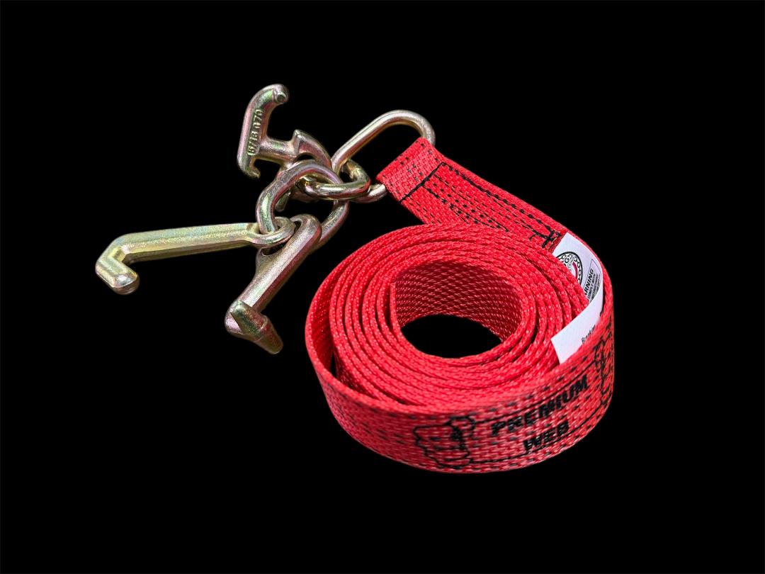 Available in "Premium Web" webbing these auto tie-down straps come with a three hook cluster attached at one end, giving you multiple hook up options. The clusters include a Mini J-Hook, R-Hook and a T-Hook. This is a 2"x10' Strap. RED. Top View