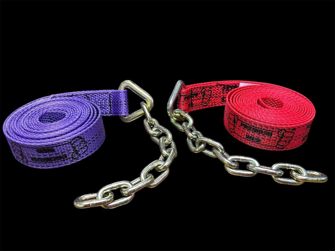 This strap and chain assembly replaces the same on our 8 Point Tie-Down Kit. These patented kits have straps that wrap around all four tires of the towed vehicle which prevent damage and maximize safety. 14'. Red. Purple. Side View
