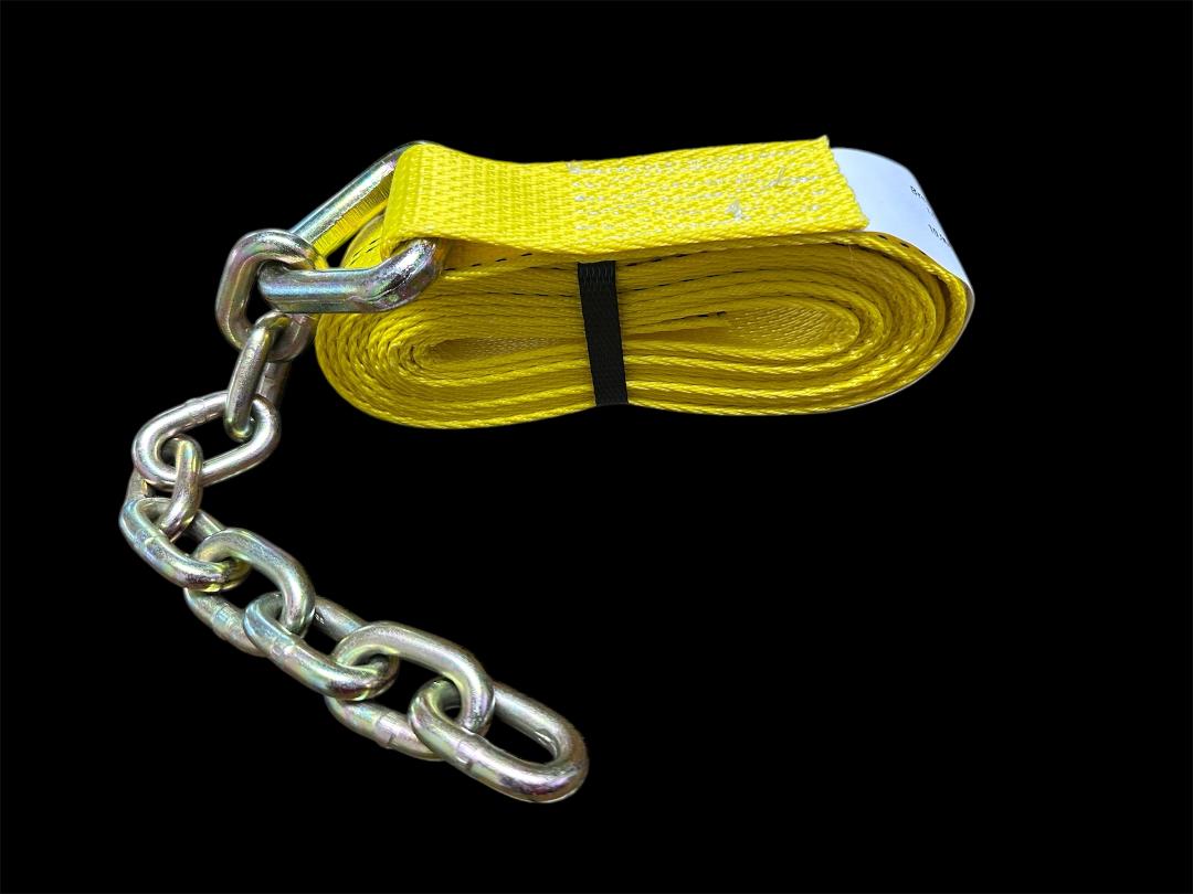 This strap and chain assembly replaces the same on our 8 Point Tie-Down Kit. These patented kits have straps that wrap around all four tires of the towed vehicle which prevent damage and maximize safety. 14'. Yellow. Side View