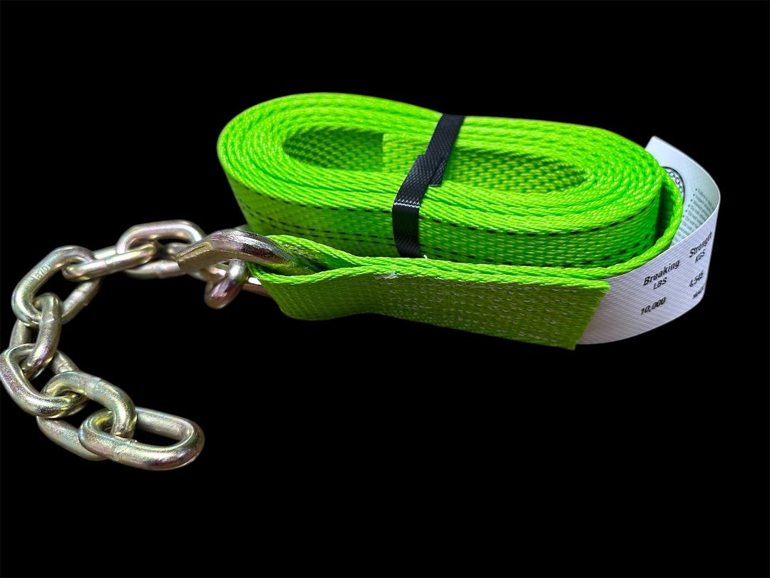 This strap and chain assembly replaces the same on our 8 Point Tie-Down Kit. These patented kits have straps that wrap around all four tires of the towed vehicle which prevent damage and maximize safety. 14'. Green. Side View