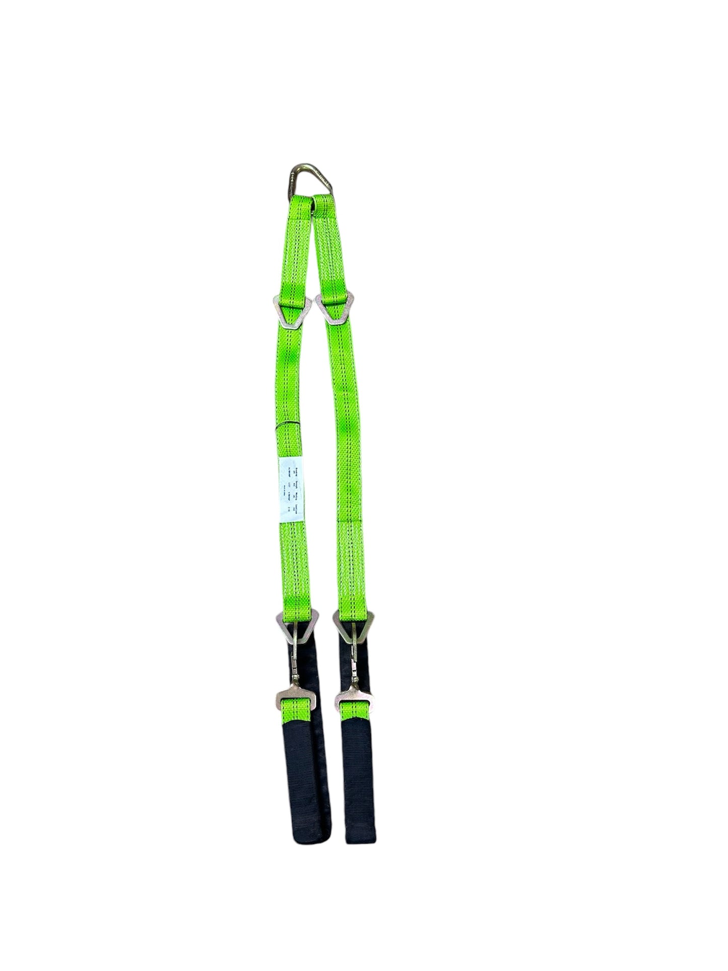 The 57” Adjustable V Strap Bridle is the perfect solution for securing vehicles during towing and recovery operations. Designed for versatility and strength, this bridle features two adjustable legs with sturdy hooks, allowing you to customize the fit for various vehicle types and towing setups. Great for low clearance vehicles. 

The heavy-duty steel hardware,  including reinforced hooks and adjustment buckles, provides a secure connection to your vehicle’s frame or axles. Green. Top view of bridle