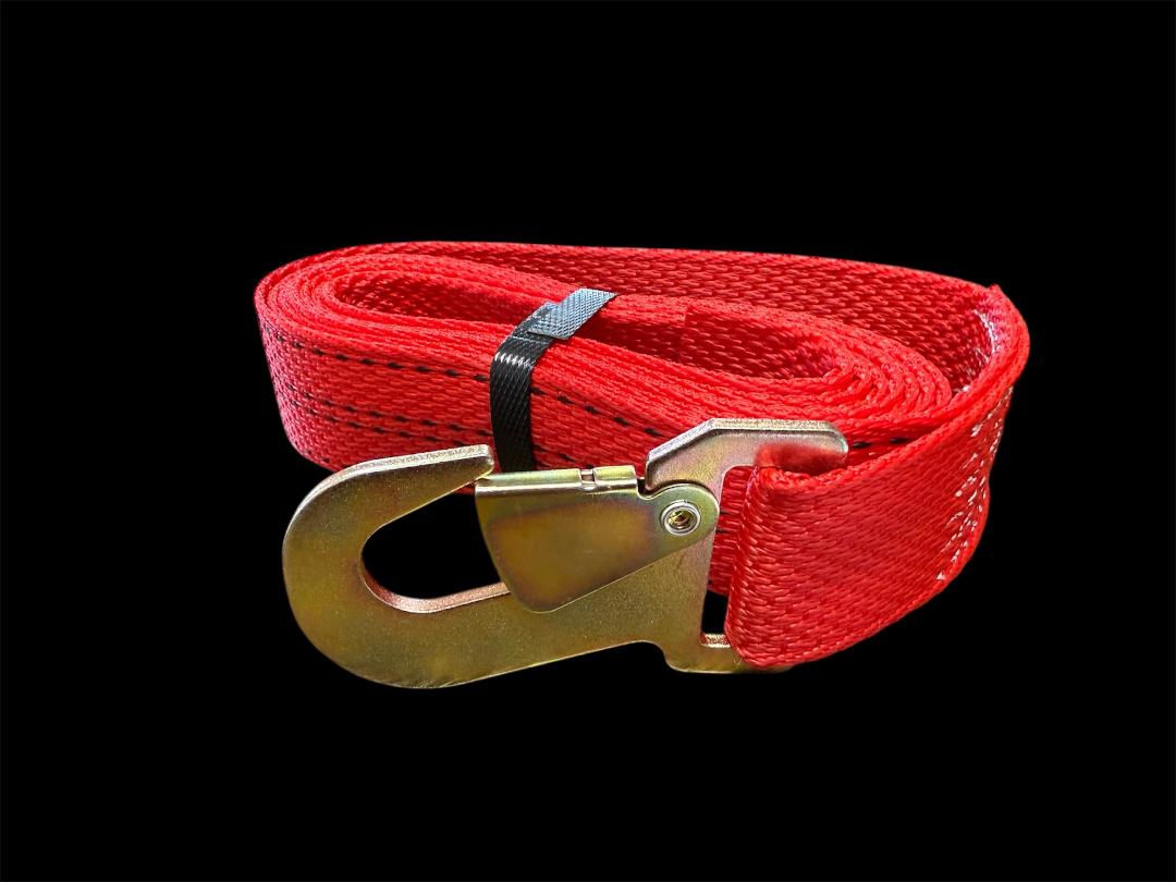 Premium Web Weave strap with heavy duty snap hook. This unique PREMIUM WEB weave pattern provides superior grip and reduced stretch. Prefect for securing loads and reliability.

High Tensile strength. Heavy duty Snap Hook. Weather Resistant. RED.  LEFT side view