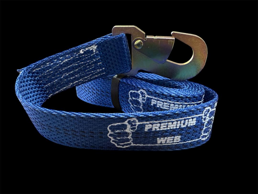 Premium Web Weave strap with heavy duty snap hook. This unique PREMIUM WEB weave pattern provides superior grip and reduced stretch. Prefect for securing loads and reliability.

High Tensile strength. Heavy duty Snap Hook. Weather Resistant. Blue. side view