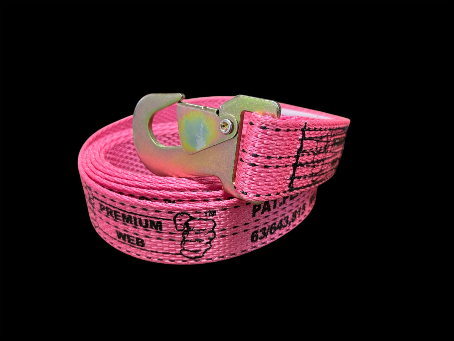 Premium Web Weave strap with heavy duty snap hook. This unique PREMIUM WEB weave pattern provides superior grip and reduced stretch. Prefect for securing loads and reliability.

High Tensile strength. Heavy duty Snap Hook. Weather Resistant. PINK. TOP side view
