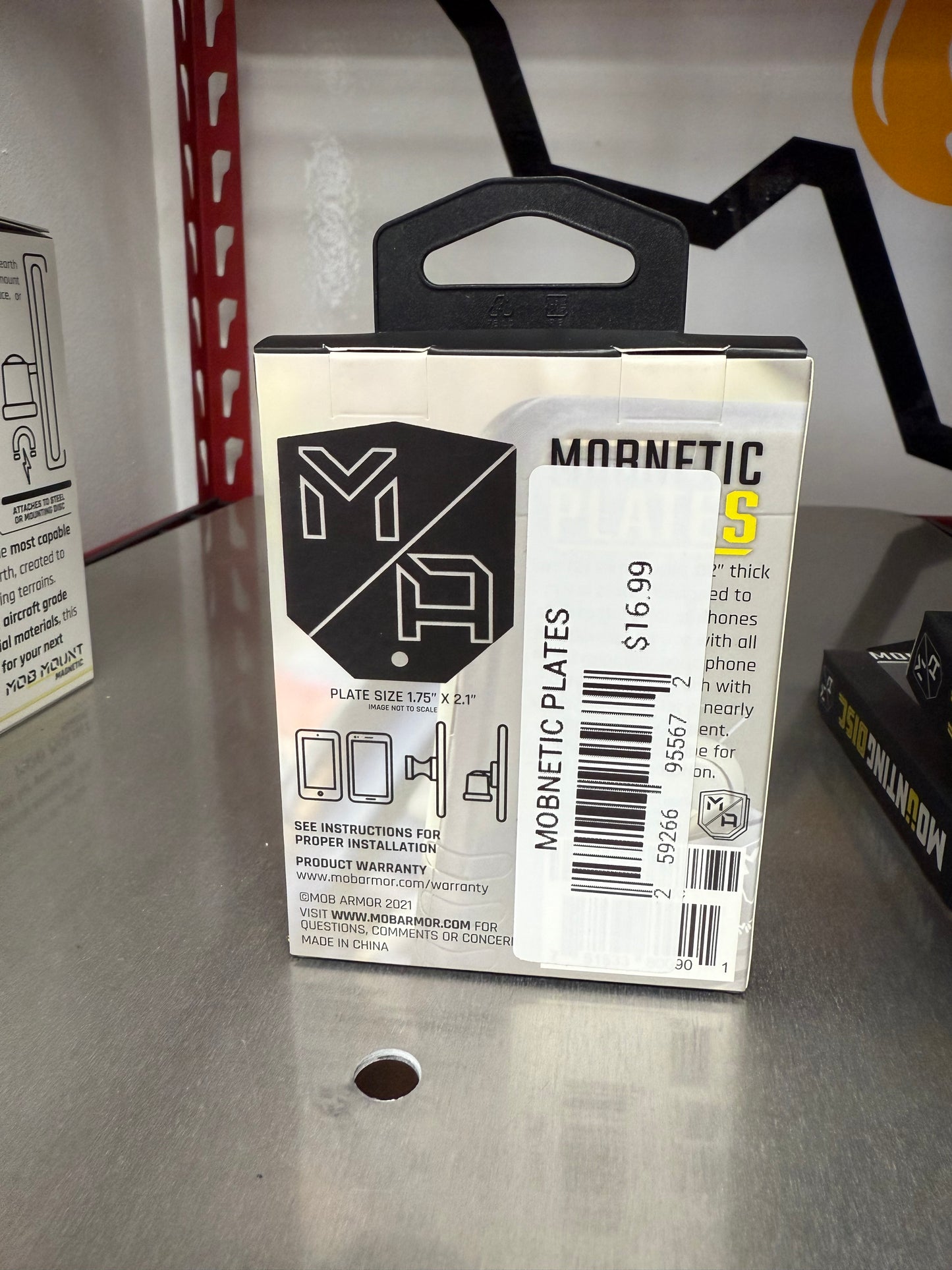 Expand your mounting options with the Mob Armor Mobnetic Plates. These steel replacement plates are designed to work with ant Mob Armor Mobnetic mount, allowing you to easily attach your device in multiple vehicles, toolboxes, or workstations. Perfect for drivers who use their mount across several setups.

NOTE: THIS PRODUCT INCLUDES 2 PLATES ONLY. MOBNETIC MOUNT SOLD SEPERATLEY. BACK VIEW OF PACKAGING