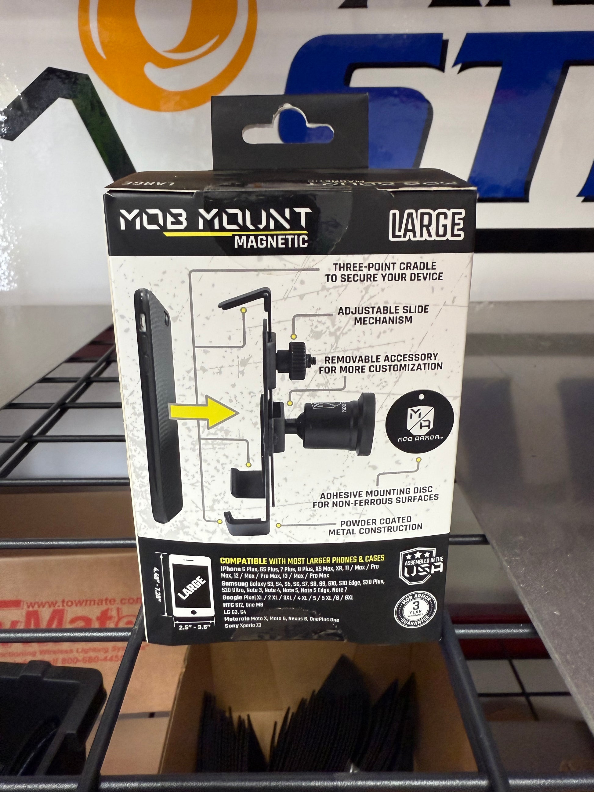 Keep your phone secure in any environment with the Mob Armor Mob Mount Magnetic (LARGE). Built for strength and reliability, this rugged mount uses a powerful rare-earth magnet to keep your phone locked in place- weather you're towing, hauling, or hitting the trails. BACK SIDE VIEW OF PACKAGING