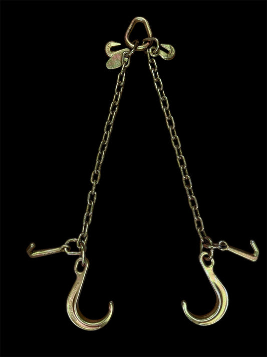 Built tough for professional towing and recovery! This V chain Bridle features durable Grade 70 chain with 8" sport J and Mini J frame hooks on each leg- perfect for securing vehicles quickly and safely